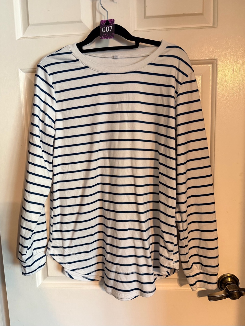 Women's White Long-Sleeve Stripe Tee - Navy Stripes
